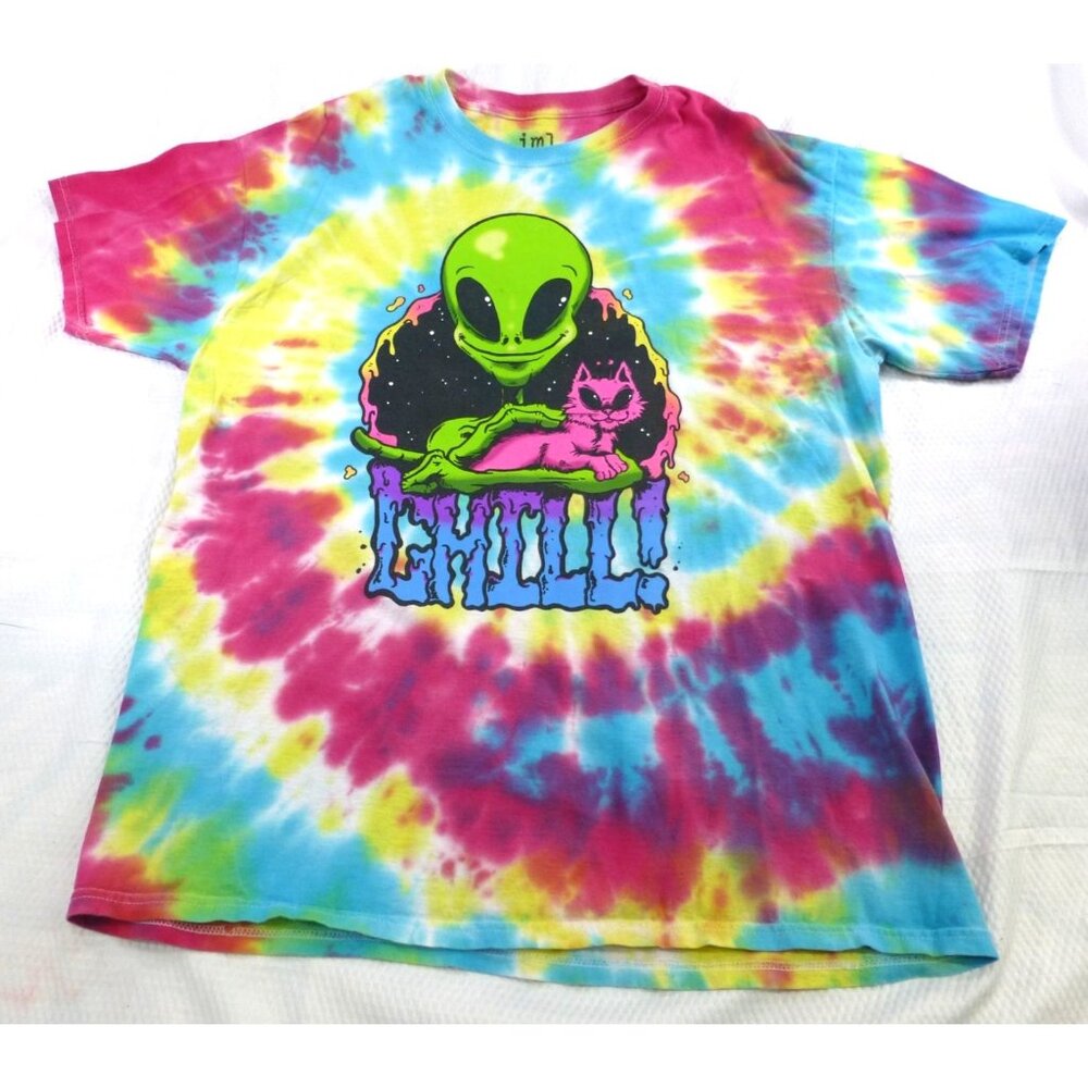 Isaac Morris‎ Mens Tie Dye Alien Cat Graphic T-Shirt XL Multicolor Chill Tee